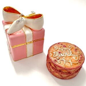 Set Of Two Enamel Keepsake Trinket Boxes; MONET "Happy Birthday" Cake & Gift Box